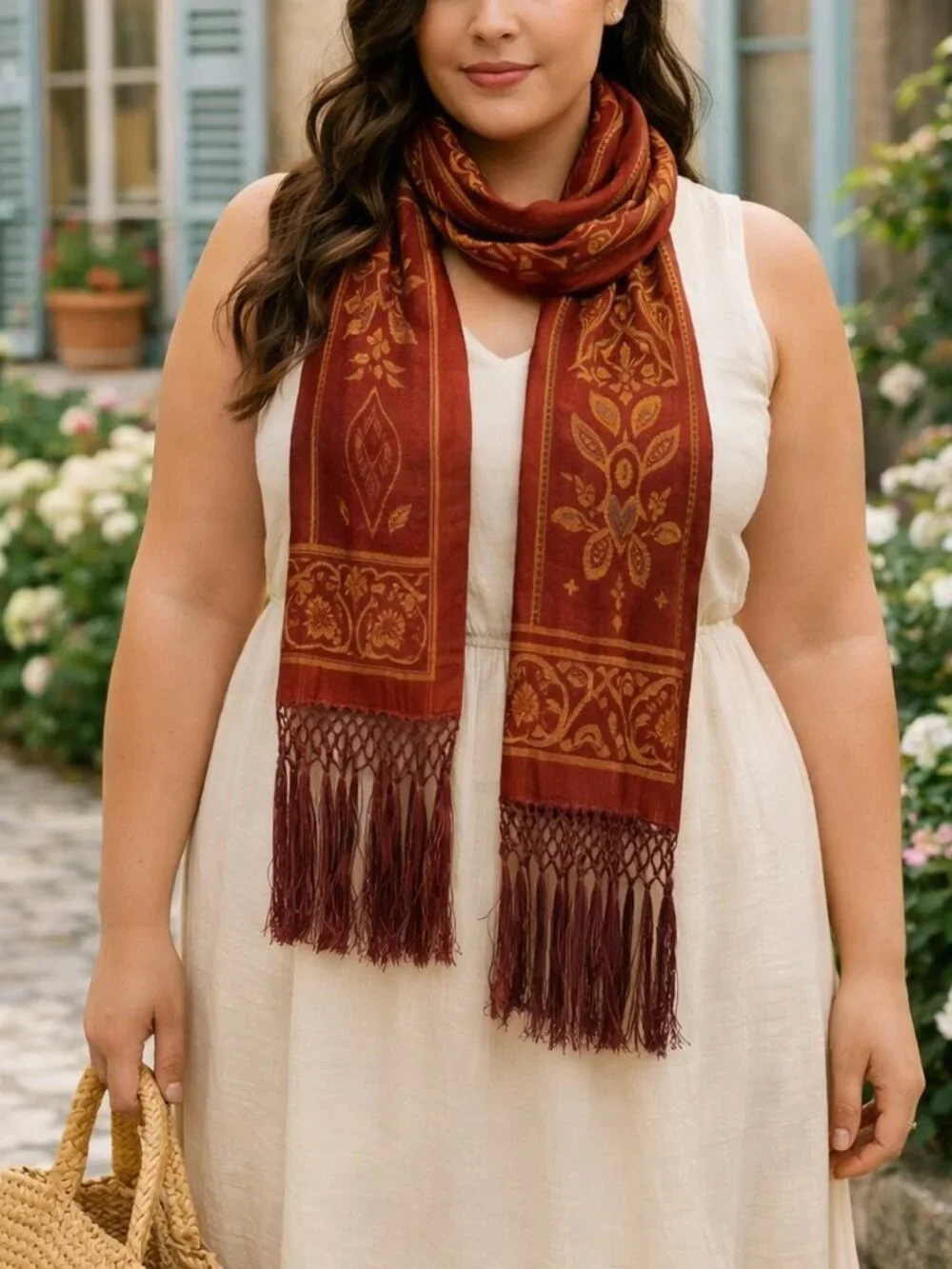 Vintage Echo Silk Tassel Scarf – Rust & Gold Paisley, 80” Bohemian Luxe